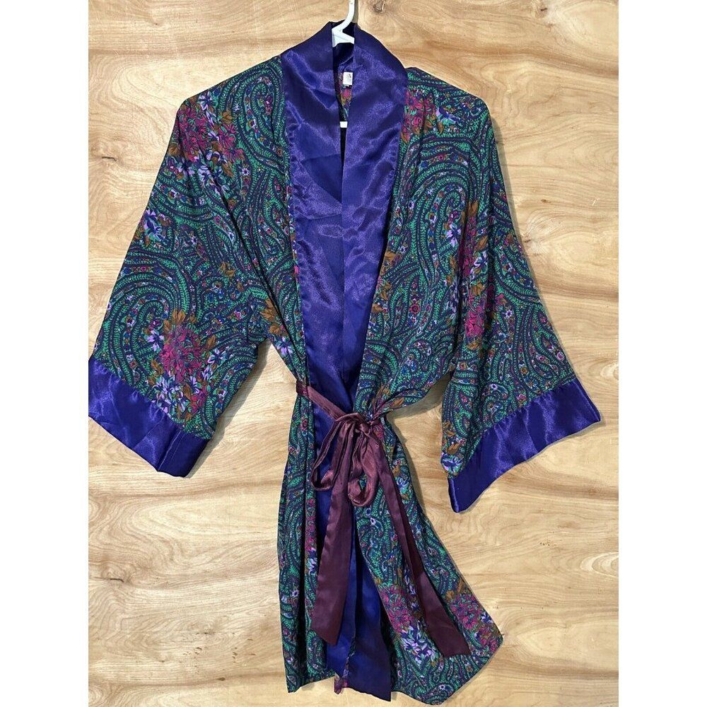 Vtg VICTORIA'S SECRET GOLD LABEL OS 3/4 Sleeve Belted Robe floral Purple